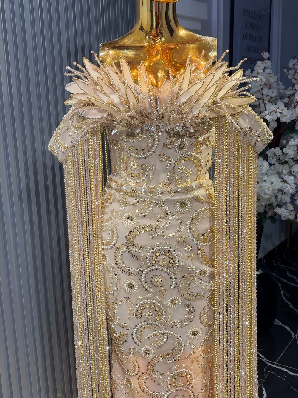Gold Beaded Evening Gown with Feathered Off-Shoulder Detail